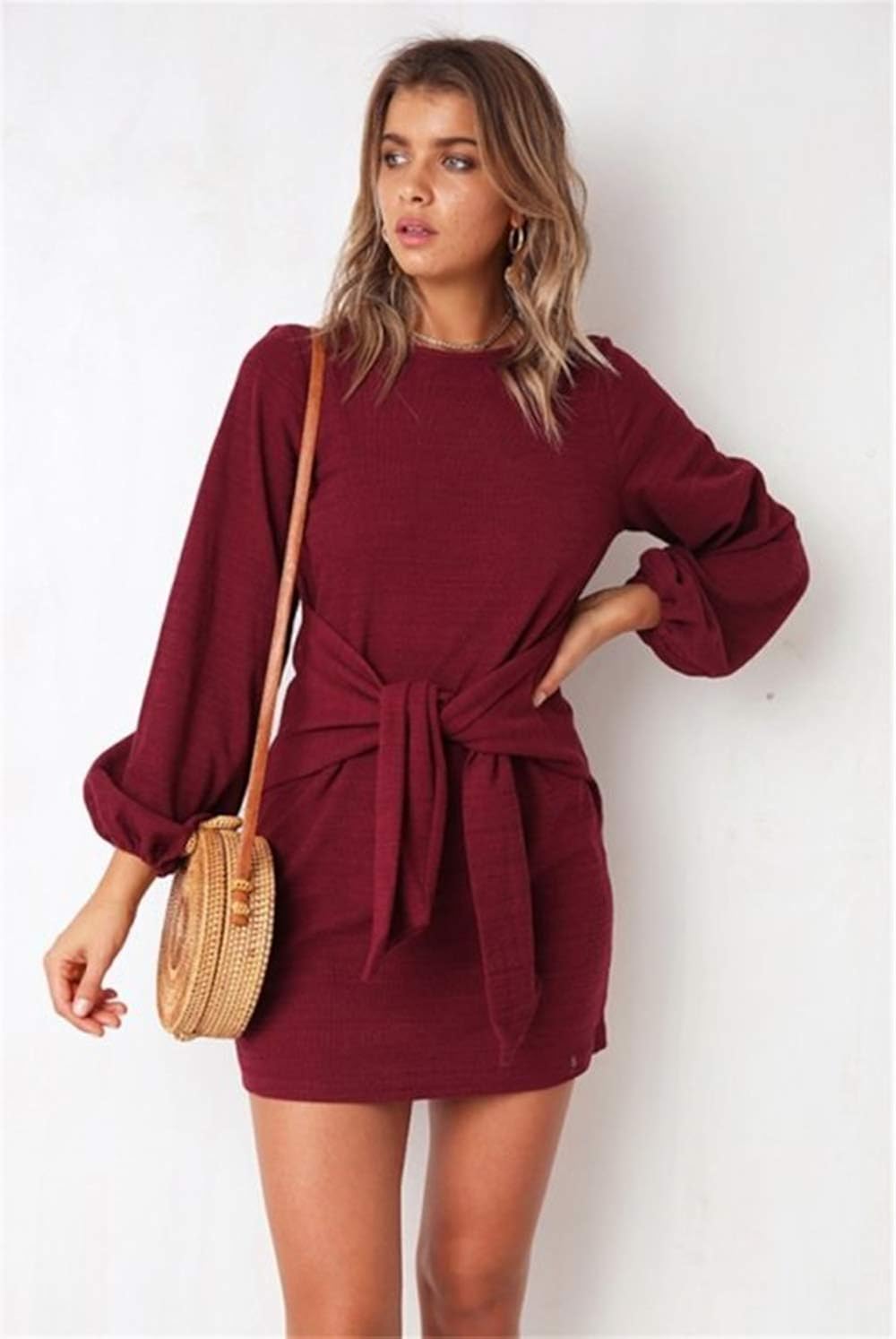 PRETTYGARDEN Women’s Elegant Long Sleeve Short Dress Crewneck Tie Waist Knit Cocktail Dress at  Women’s Clothing store