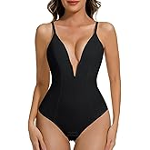 Ellareese Deep V Bodysuit for Women Thong Shapewear Tummy Control Low Back Shapewear for Women