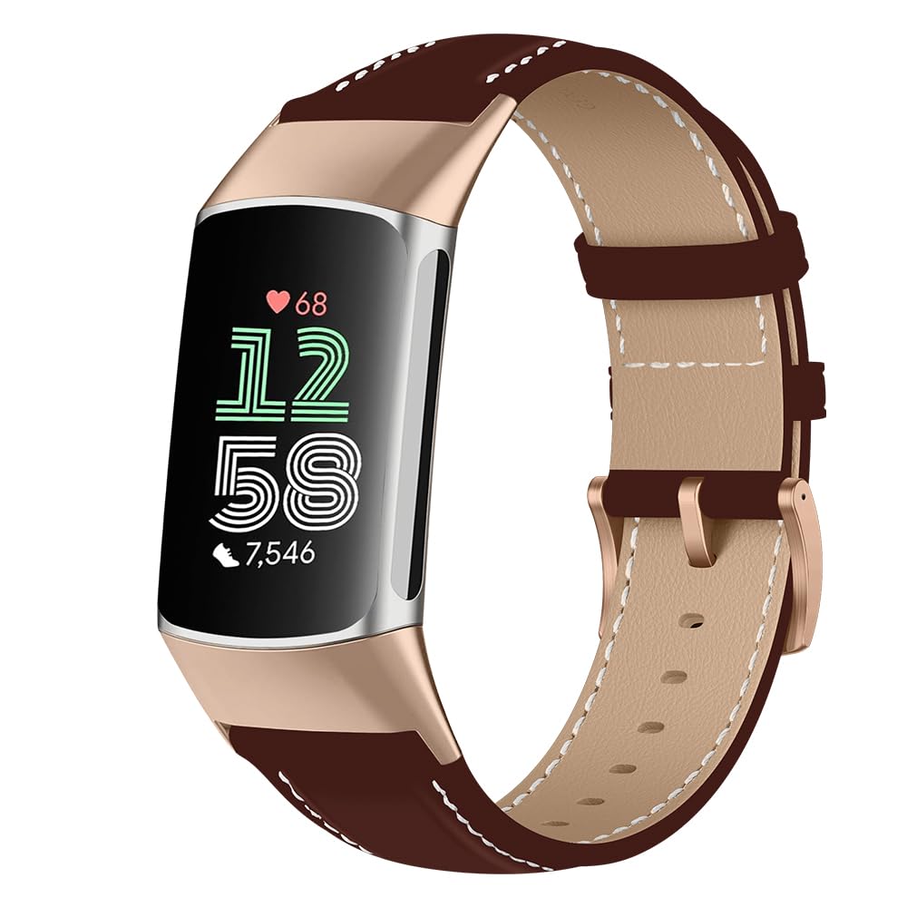 Niboow Leather Strap for Fitbit Charge 5/6, Adjustable Watch Band with Stainless Steel Buckle, Soft Replacement Bracelet - Red Brown