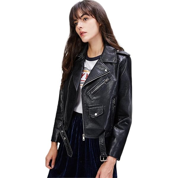 Jhichic Women's Faux Leather Textured Short Moto Jacket Zip-up