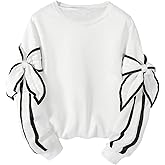 OYOANGLE Girl's Bow Sweatshirts Y2K Striped Trim Long Sleeve Crewneck Pullover Sweatshirt