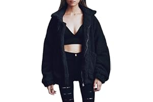 Comeon Women's Coat Casual Lapel Fleece Fuzzy Faux Shearling Zipper Coats Warm Winter Oversized Outwear Jackets