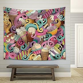Cartoon Hand-Drawn Ice Cream Doodles Seamless Pattern - Fabric Wall Tapestry Home Decor - 51x60 inches