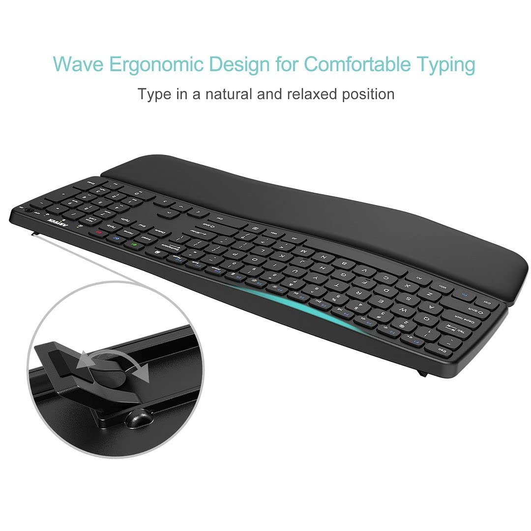 Arteck Bluetooth Universal Wave Comfortable Keyboard with Palm Rest - Multi-Device Full Size Wireless Keyboard for Windows iOS iPadOS Android, Computer Desktop Laptop Surface Tablet Smartphone