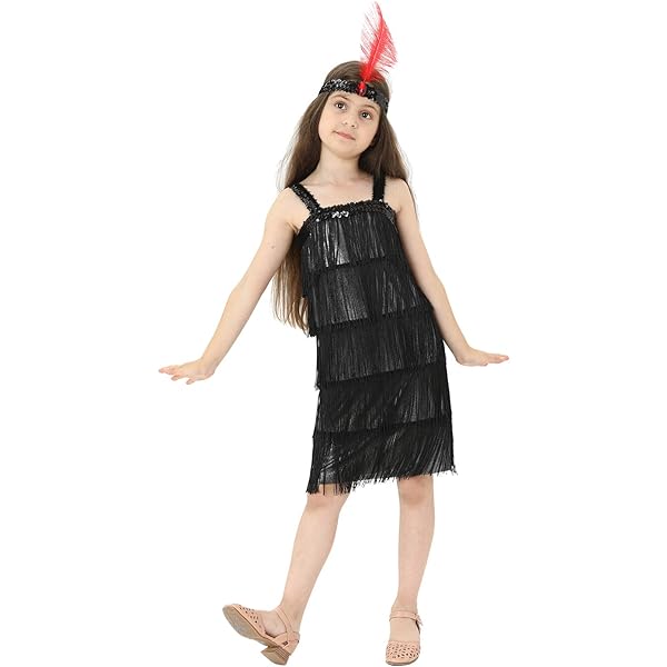 Robe De Danse Latine Fille Années 1920 - Paillettes, Franges, Pompons - Taille 5-6 à 11-12 Ans - Avec Bandeau Plumes