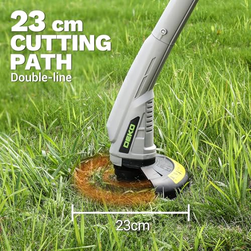 DEKOPRO Tagliabordi Elettrico a Doppio Filo 250 W: Connettore Maschio Standard, Larghezza Taglio 23 cm, Inclusi 3 Bobine di Filo, Ideale per Prati, Giardini e Diserbatura Erbe Infestanti