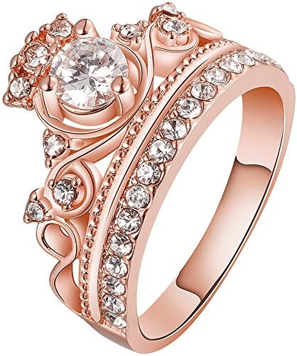AWLY Jewelry Womens 18K Rose Gold Fashion Cubic Zirconia CZ Princess Crown Tiara Ring Bridal Wedding Band Size 9