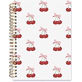 ISANOU Coquette Cherry Notebook,Pink Ribbon Bow with Cherry Lined Spiral Notebook Hardcover,Office School Journal Notebook for Work,5.5x8.3 Inch 80 Pages,Gifts for Women Teen Girl