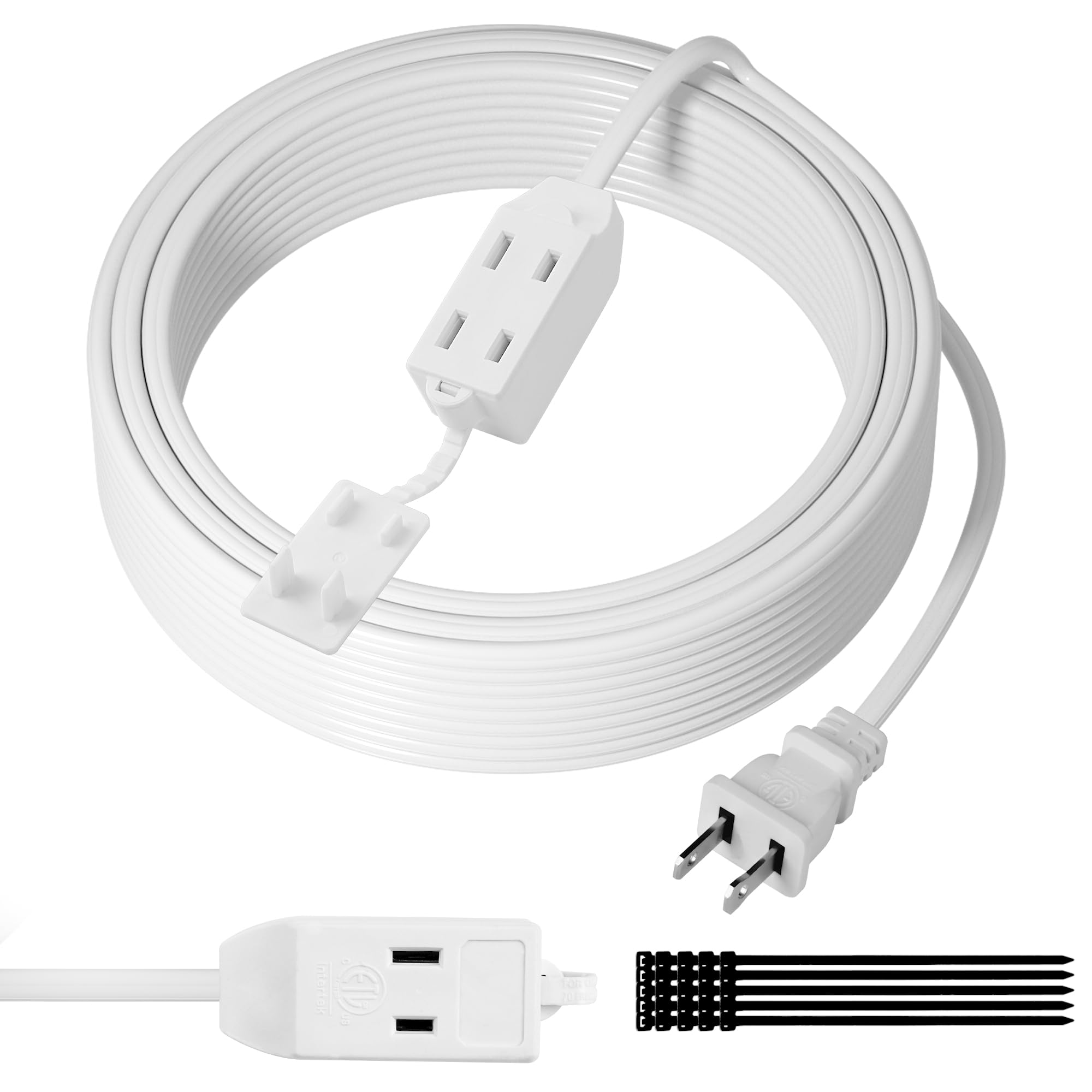 Photo 1 of 2 Prong Extension Cable 4 FT, Extra Long Power Cord With 3 Outlets, Flat Multiple Cable With Tamper Guard, ETL Listed, Outlet Saver, OFC, 16 Gauge Wire, 13A/125V, White With 25 Pcs Ties
