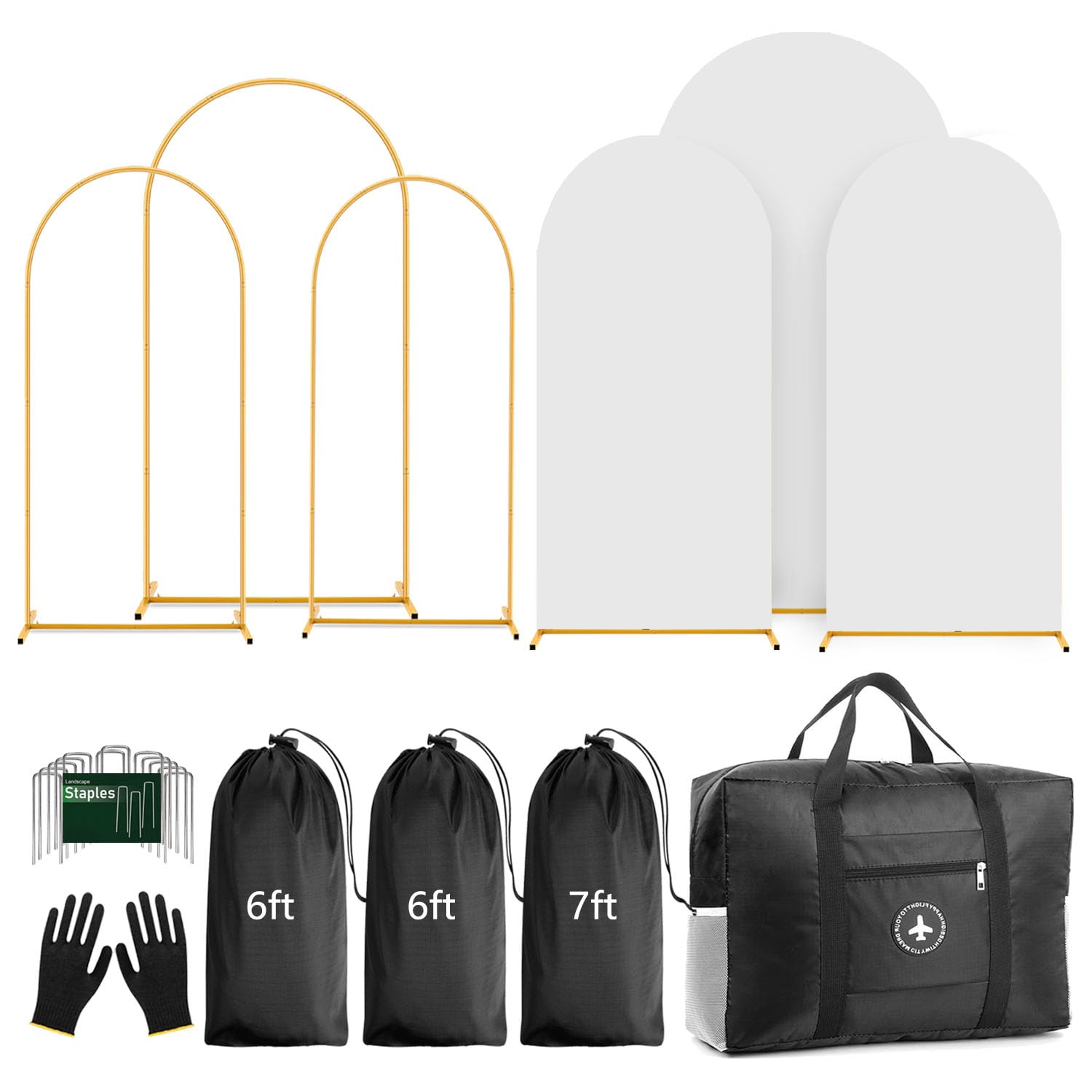 Photo 1 of Arch Backdrop Stand Set with Cover,(7.2ft,6ft x 2) Arched Frame Stand & Spandex Wedding Arch Cover & Storage Bag (White, 7.2Ft+6Ft+6Ft)
