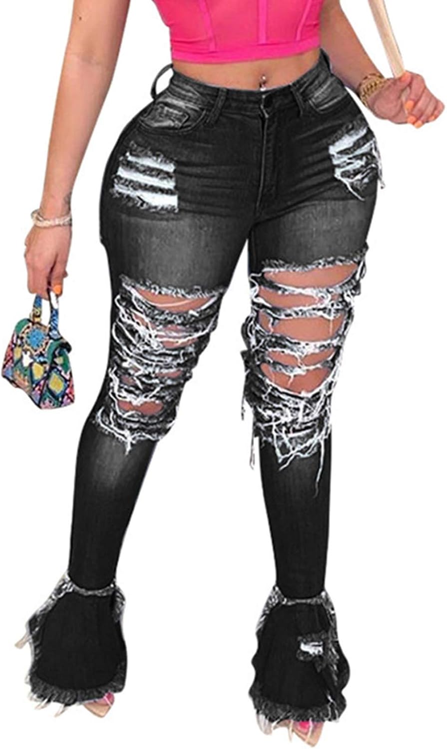 ICNGLKSND Womens High Waist Stretch Bell Bottom Jeans Ripped Destroyed