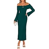 ZESICA Women's Fall Off Shoulder Sweater Dress 2025 Bell Long Sleeve Ribbed Knit Bodycon Formal Maxi Dresses