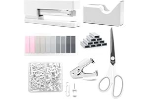 White Office Supplies, UPIHO White Desk Accessories, Stapler and Tape Dispenser Set for Women with Stapler,Tape Dispenser, Staple Remover, Staples,Scissor and Tabs for Students Office Clerks