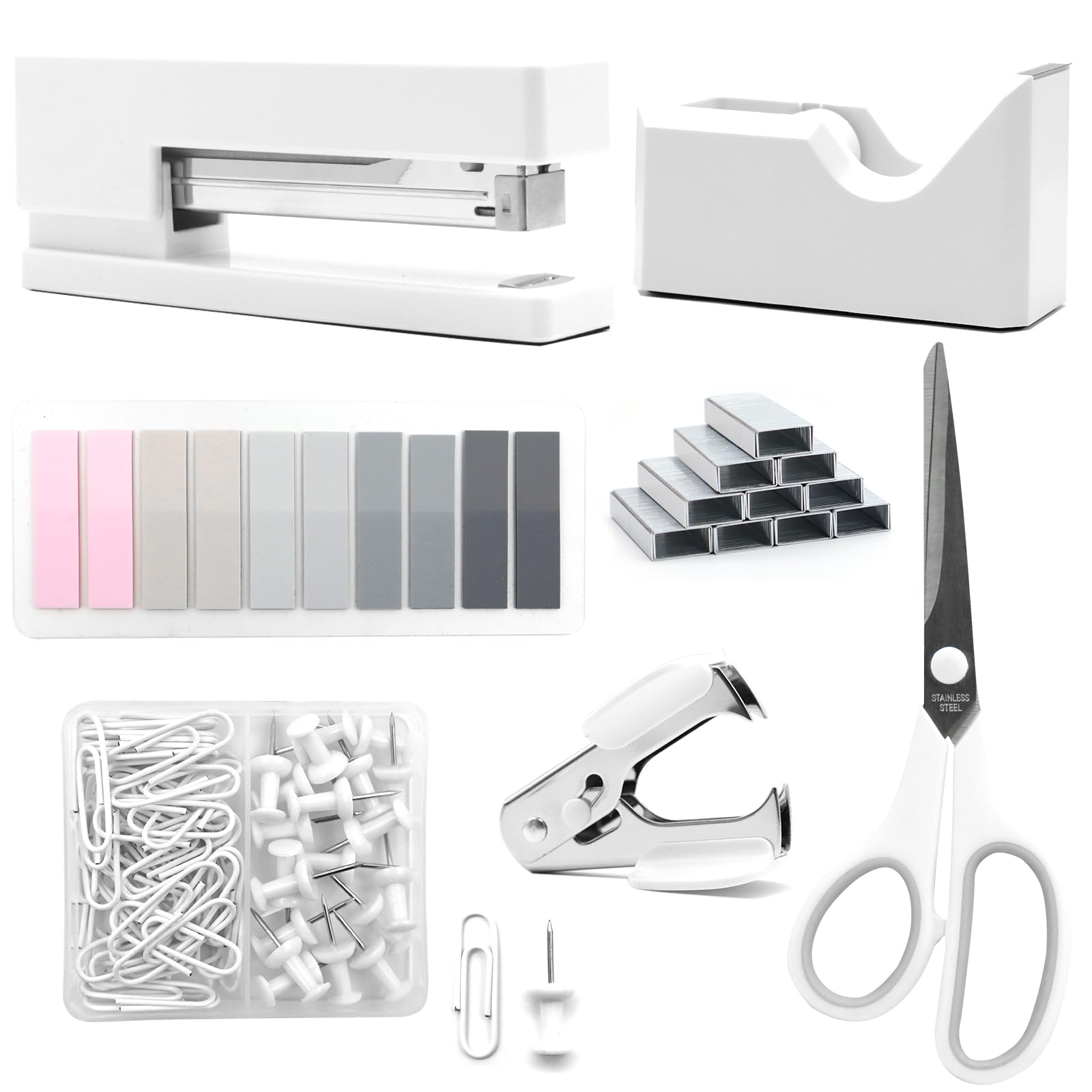 QpenguinBabies White Office Supplies,White Desk Accessories, Stapler and Tape Dispenser Set for Women with Stapler,Tape Dispenser, Staple Remover, Staples,Scissor and Tabs for Students Office Clerks