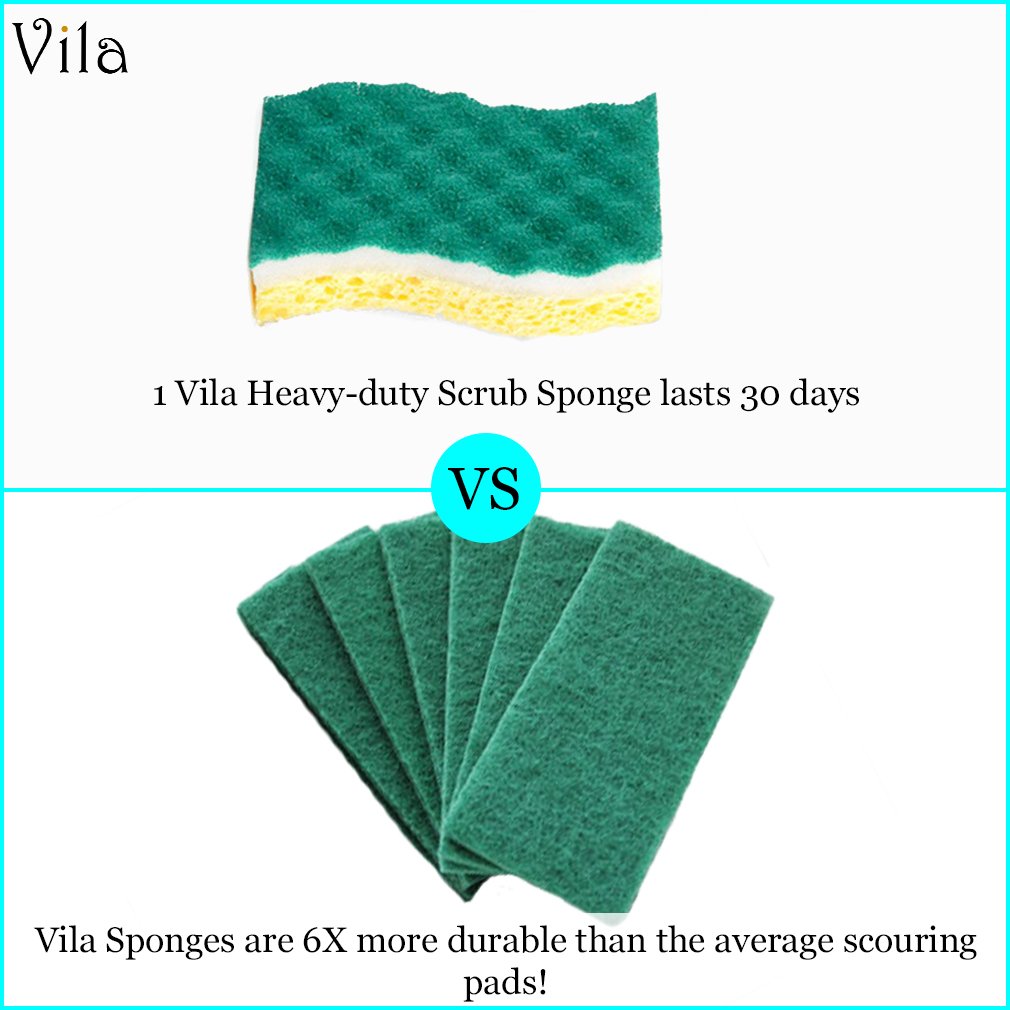 Vila 6-Pack Scrub Sponge -- With Triple-Cleaning system - Heavy-duty and Odor-Resistant - Tough on Grease but gentle on delicate surfaces - 1 Pad Lasts over a Month