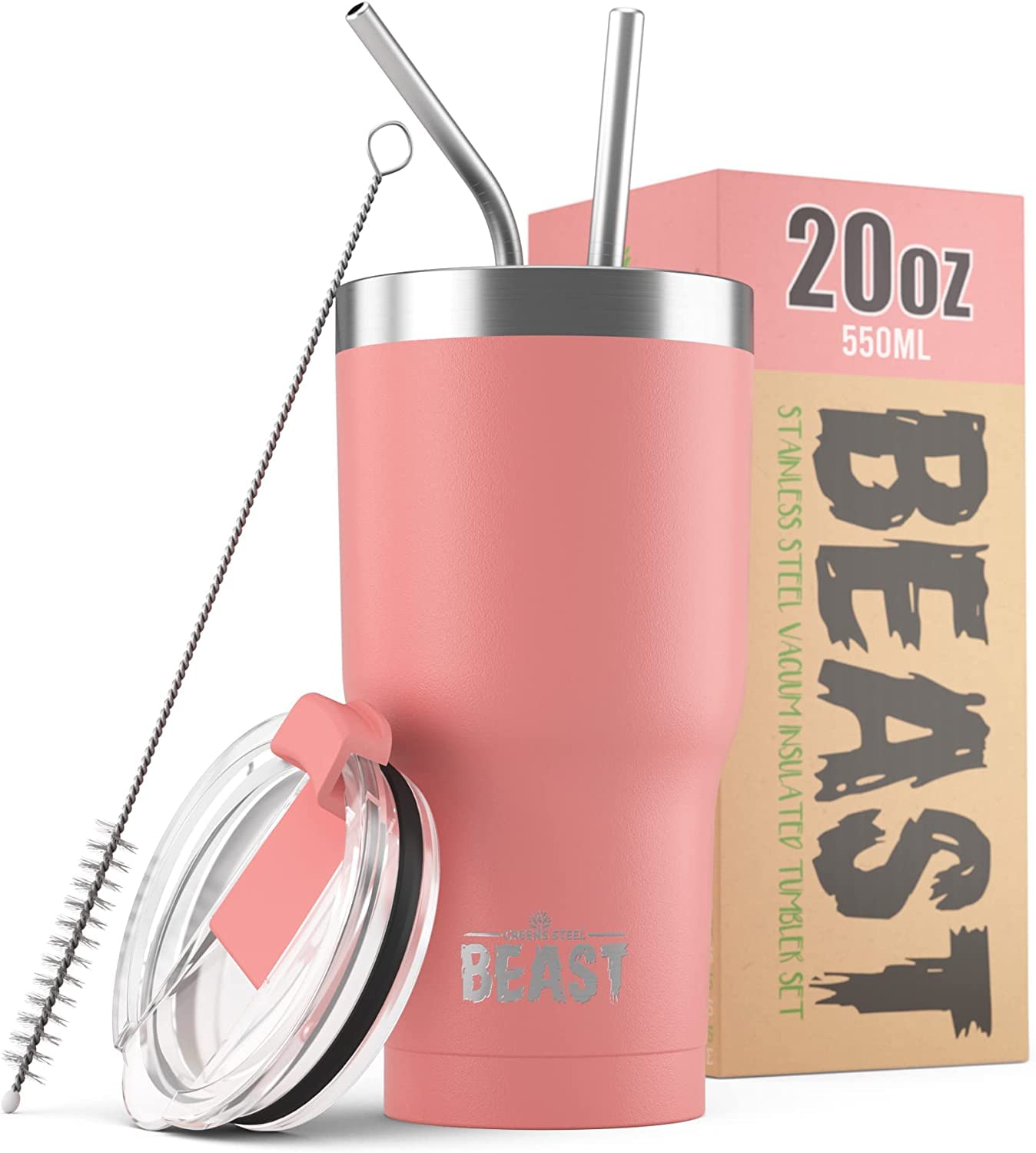 Beast Tumbler - 550 ml (20 oz), Blossom Pink | Reusable Stainless Steel, Vacuum Insulated Cup | with + 2 Straws & Cleaning Brush | Double Wall Travel Flask Perfect for Hot or Iced Coffee | BPA Free