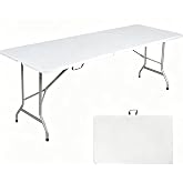 Go-Trio Folding Table 8ft, Heavy Duty Foldable Plastic 8 Foot Banquet Table | White HDPE Top, Fold-in-Half, Carry Handle, Indoor Outdoor for Party, Dining, Camping, Picnic, Long, Rectangle