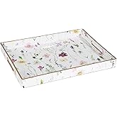Large Serving Tray with Handles – White Decorative Plastic Tray with Wildflower Design, Easy to Clean Coffee Table & Ottoman Tray for Kitchen, Dining, and Home Decor (15.7" x 11.8")