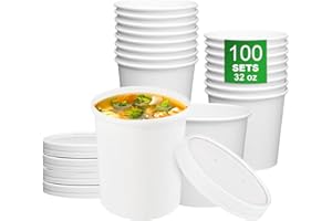 APSIC Disposable Paper Soup Cups - 100 Sets 32oz Large To Go Soup Bowls with Vented Lids - Hot & Cold Friendly - Take Out Food Storage Containers for Dining, Catering, Events and Party