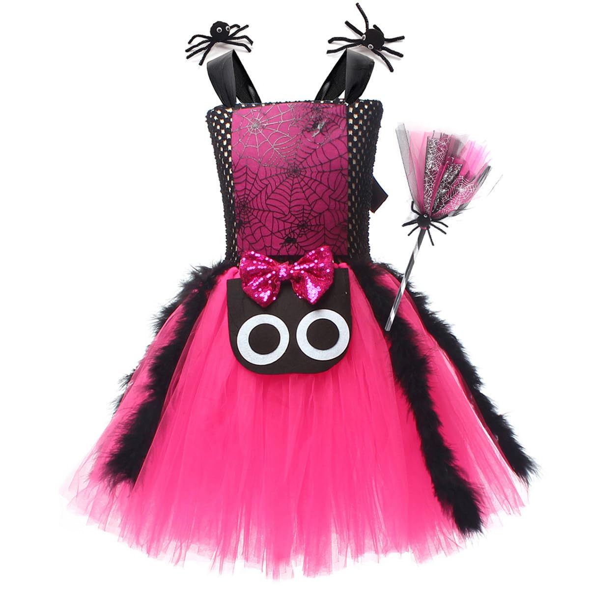 IBAKOM Girls Witch Costume Spider Ruffle Tulle Dress with 1 Pair Hair Clips and Broom Kids Spider Fancy Dress Up Outfit for Carnival Masquerade Party Pink 4-5Y