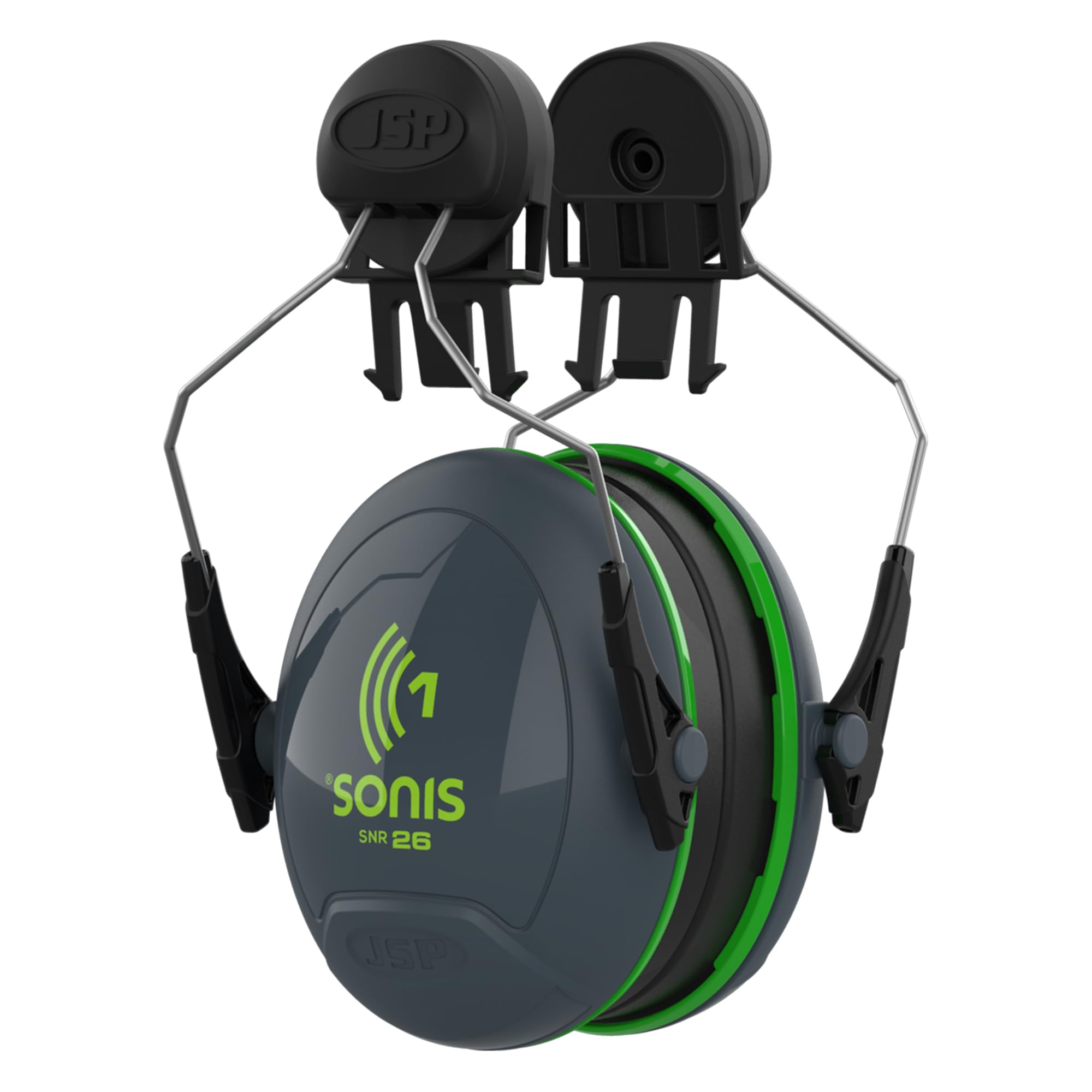 JSP SONIS 1 Mounted Ear Defenders - 26dB SNR - Grey/Green - Hearing Protection Earmuffs for Adults - Flexible & Comfortable Fit - Compatible Hard Hats - EN 352-1