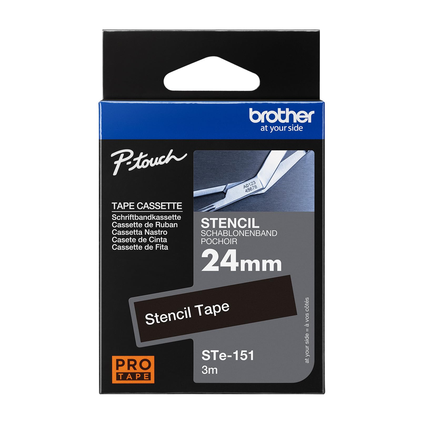 Brother STe-151 Labelling Tape Cassette, 24 mm (W) x 3 m (L), Stencil Tape, Brother Genuine Supplies, Black on White
