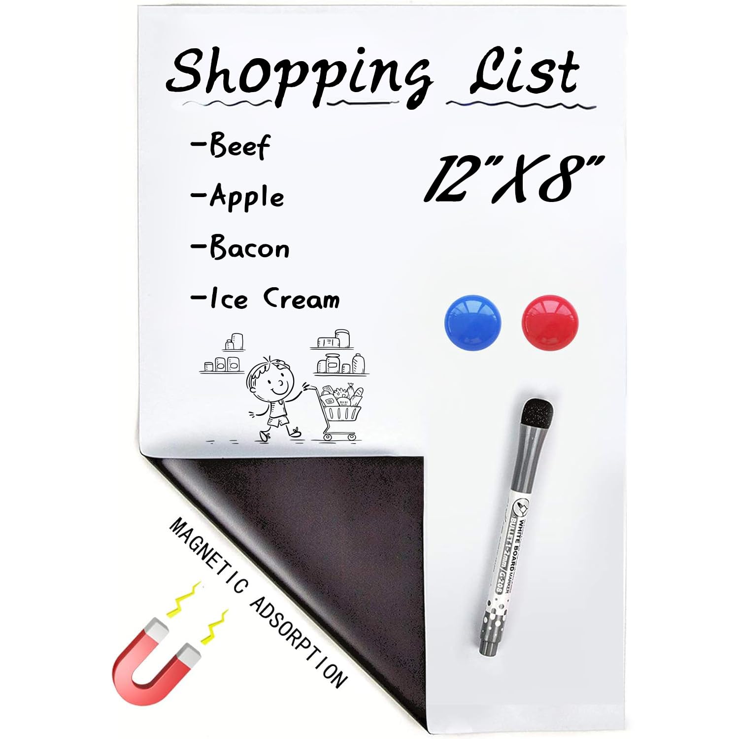 OWill A4 Magnetic Whiteboard for Fridge, 12 X 8 Fridge Whiteboard Magnetic Dry Erase White Board Sheet for Memos Notes to Do List Kitchen Meal with 1 Pen & 2 Magnets
