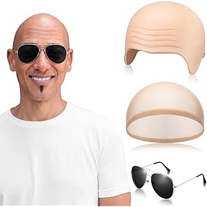 Thiccywoov 3 Pcs Bald Cap with Sunglass Set Makeup Bald Wig Cap Halloween Cosplay Party Costume Accessories for Men Women Adu