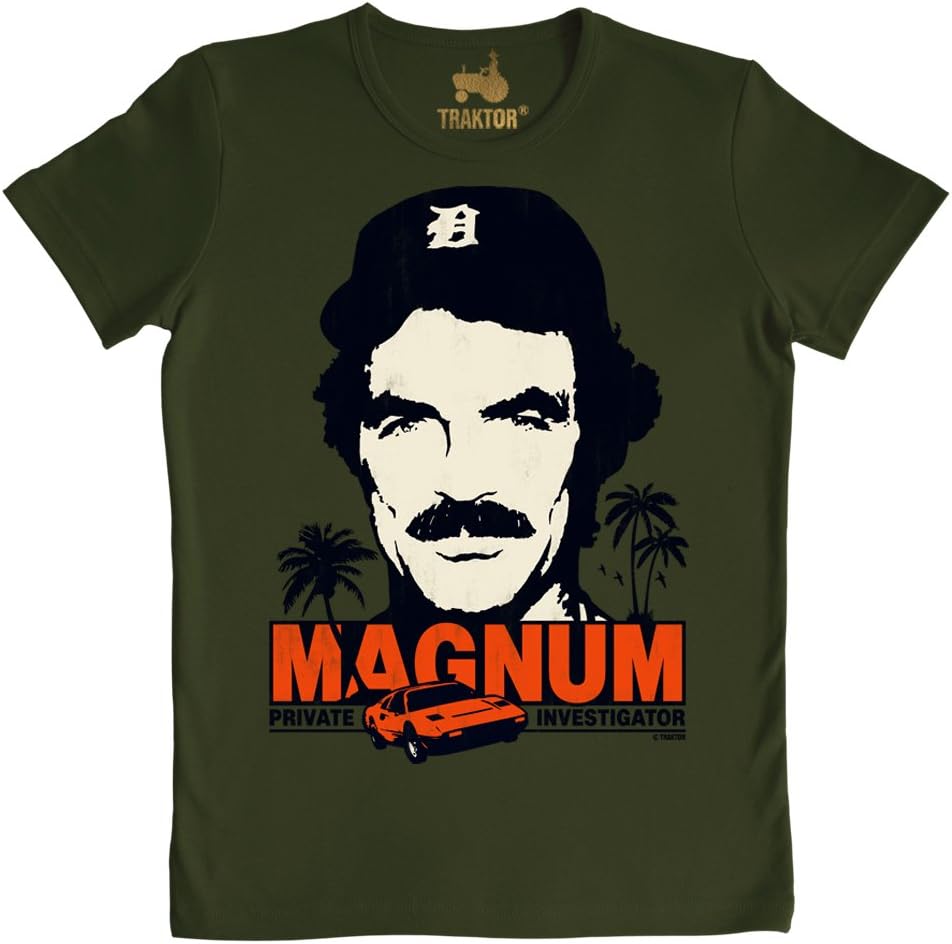 TRAKTOR® - Slimfit T-Shirt Magnum - P.I. - Ferrari 308 GTS - Short Sleeve Tee Film - Crew Neck T-Shirt - Dark Green - Original Licensed Product