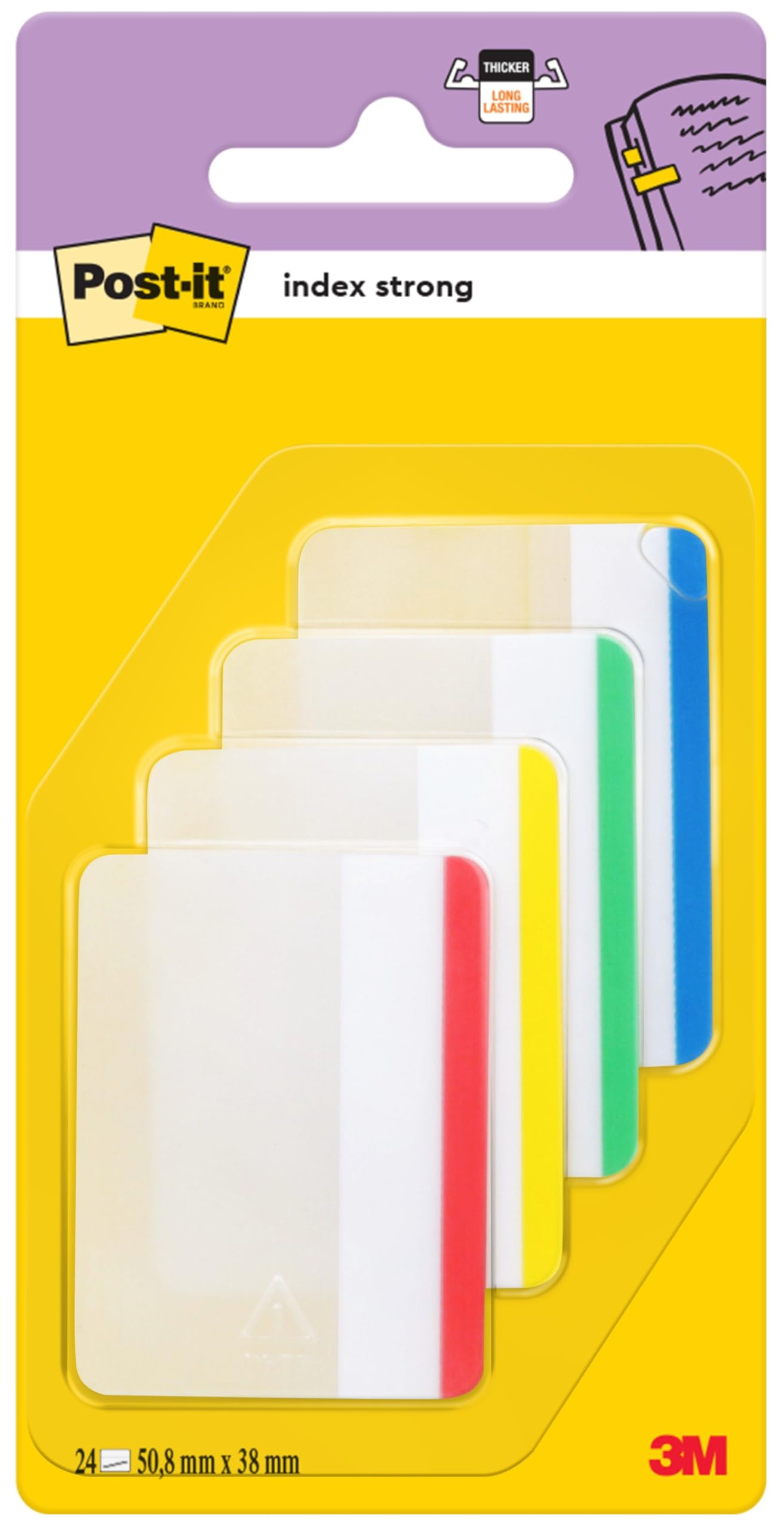 Post-it Index Strong Filing Tabs, Large, Assorted Colours - 50.8 mm x 38.1 mm Pack of 24 - to Mark, Highlight or Colour Code Important Information