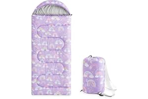 Wake In Cloud - Kids Sleeping Bag for Girls Toddlers, Camping in Warm Cold Weather, Backpacking Lightweight Compact Outdoor Liner for 3 Seasons Summer Spring Fall, Rainbow Dark Purple