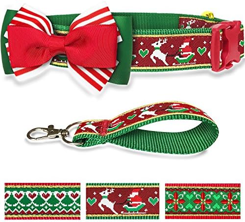 Pet Rejoir Christmas Dog Collar– 3 Designer Cute Holiday Dog Collars with Detachable Bow Tie & Faux Fur Balls– Reindeer & Santa Sled Dog Collar– Neck 19~25" Adjustable Pet Collar for Large Dogs