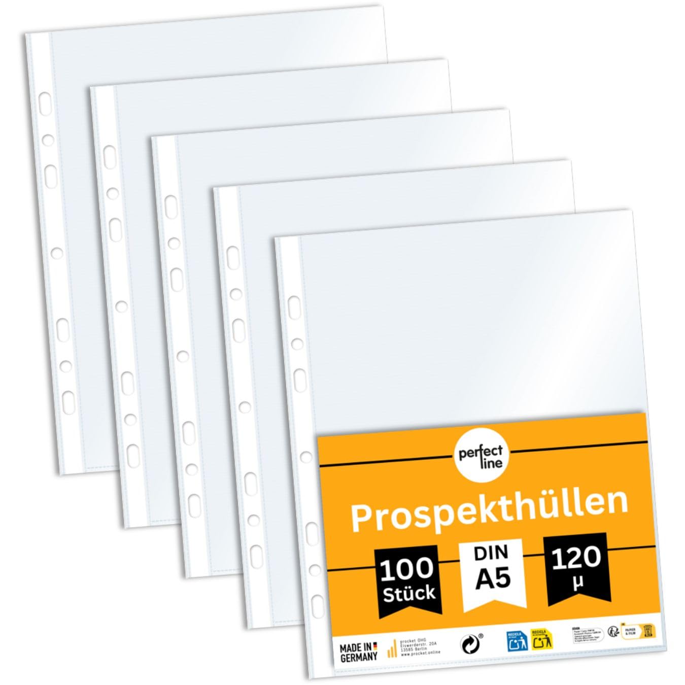 perfect line - 100 Poly Pockets DIN-A5 - Punched Pockets - Plastic Sleeves for A5 Paper - Sturdy Premium Clear Sheets, Transparent, Crystal Clear, Smooth, Extra Strong, Made in EU