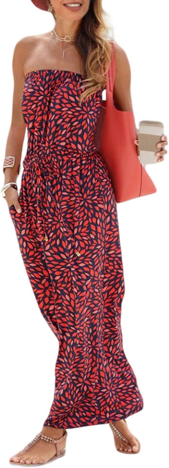Elapsy Womens Polka Dot Off Shoulder Long Maxi Dress with Pockets……
