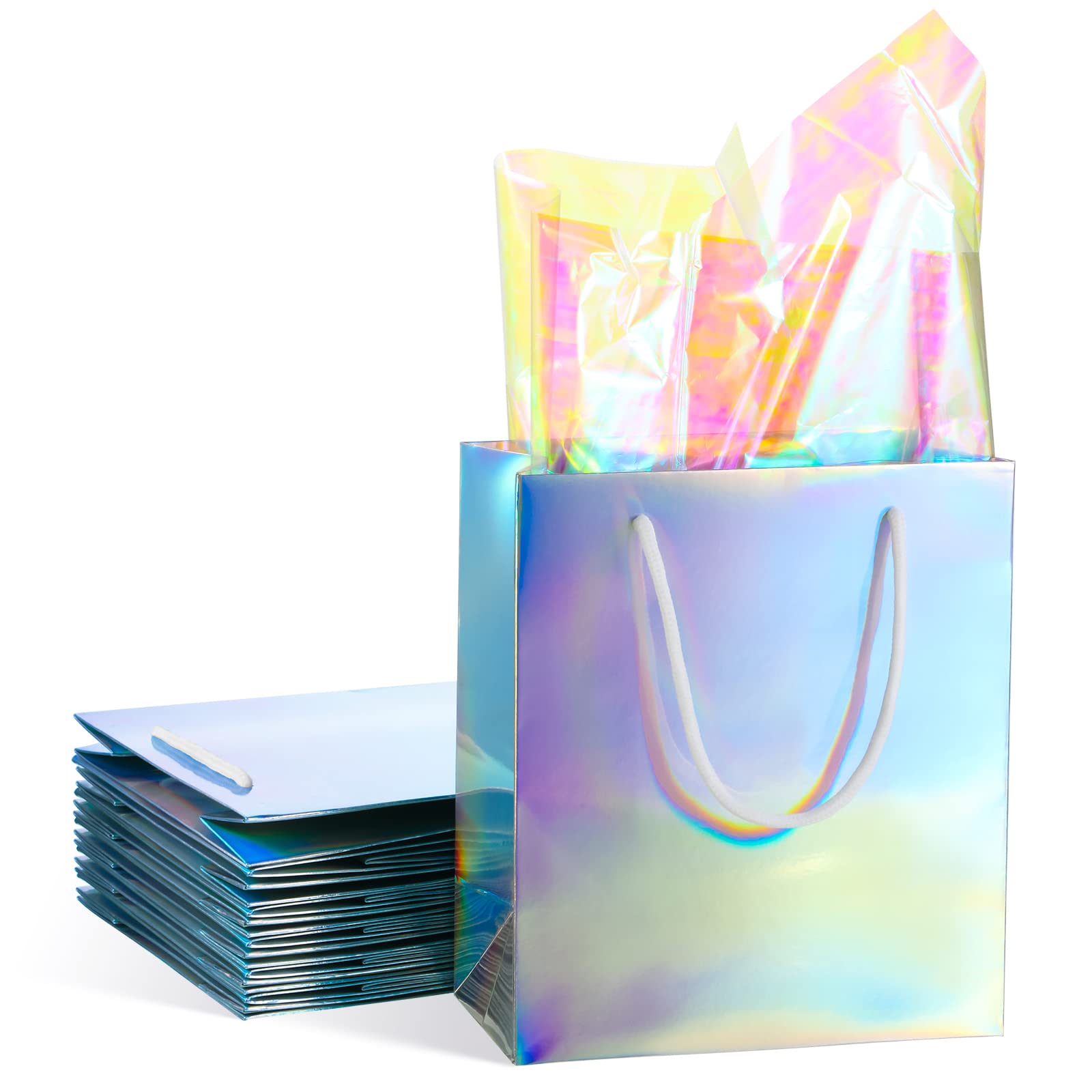Photo 1 of 12 Pcs Iridescent Gift Bags Holographic Party Bags with Handles and 20 Pcs Rainbow Glossy Clear Film Cellophane Sheets Reflective Wrapping Paper for Party Supplies