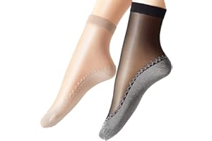 Ueither Women's 6 Pairs Silky Anti-Slip Cotton Sole Sheer Ankle High Tights Hosiery Socks Reinforced Toe