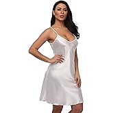 FADSHOW Women's Satin Spaghetti Strap Nightgown Sleeveless Sleepwear Silky Slip Dress Sexy Negligee Lingerie Short Nightdress