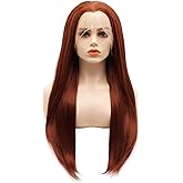 LUSHY BEAUTY Hair Synthetic Lace Front Wig Straight Long 24inch Burgundy Red Heavy Density Heat Resistant Realistic Wig