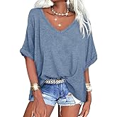 Langwyqu Women's Oversized T Shirts V Neck Short Sleeve Summer Casual Loose Tops Tees