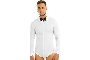Agoky Men's Latin Modern Dance Leotard Shirt Salsa Cha Cha Zipper T-Shirt Long Sleeve Dancewear Bowtie Romper