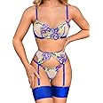 Kaei&Shi Floral Embroidered, Underwire, G-String, Garter Belt, 4 Pieces Lingerie