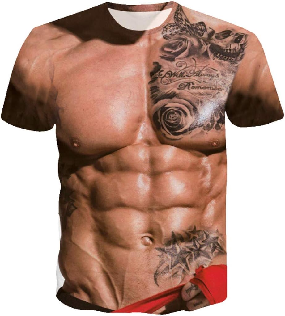 Funny Humor t-Shirt, Mens Imitating Muscle Man Pattern Graphic t-Shirt Comfort Regular Short Sleeve Tee
