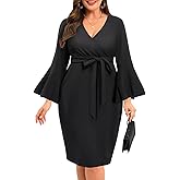 Plus Size Cocktail Dress - Church Bodycon Wedding Guest Bell Long Sleeve Pencil Dresses