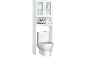Yaheetech Over The Toilet Storage Cabinet with Double Tempered Glass Doors and Adjustable Shelf, Freestanding Bathroom Storag