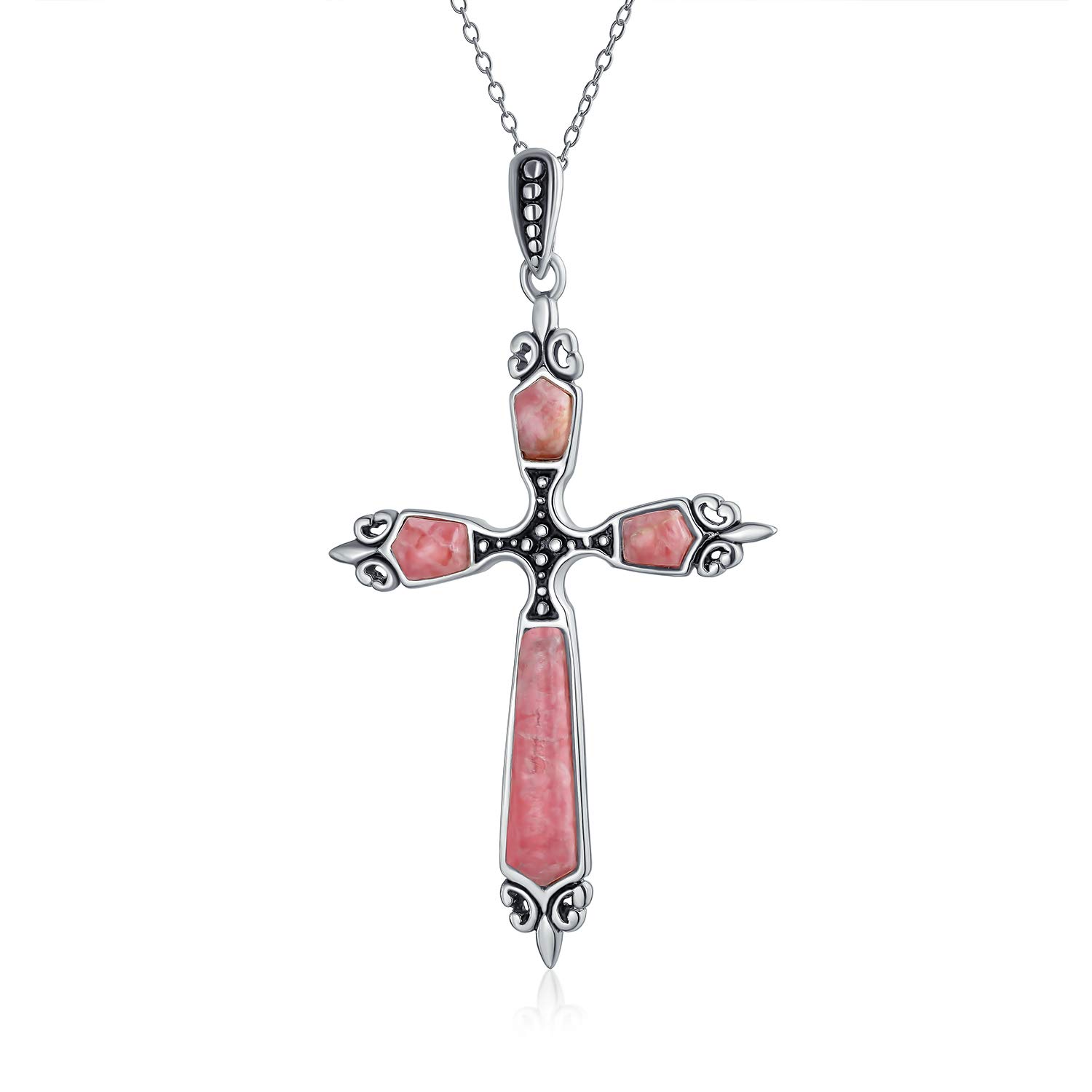 Bling Jewelry Vintage Western Style Spiritual Religious Pink Rhodochrosite Gemstone Fleur De Lis Cross Pendant Necklace For Women Teen Oxidized .925 Sterling Silver