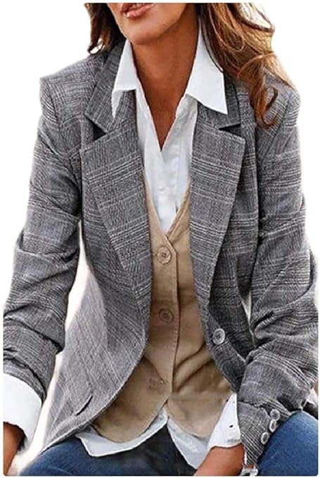Nicellyer 女性ノッチラペル 1 ボタン ウーレン プレイド スリム スーツ ジャケット ブレザー Grey Xl コート ジャケット 通販 Amazon