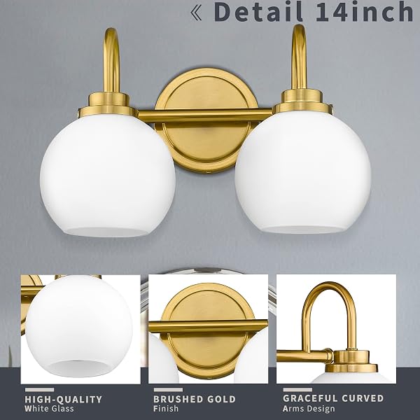 AKEZON BATHROOM LIGHT FIXTURES 2-LIGHT BRUSHED GOLD VANITY LIGHT, MODERN BATHROOM WALL SCONCE WITH MILKY WHITE FROSTED GLASS SHADE FOR MIRROR BEDROOM HALLWAY