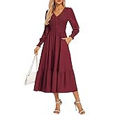 Kate Kasin Womens Long Sleeve Mixi Dress, Smocked Work Dress with Pockets, Elegant Fall Dresses 2025