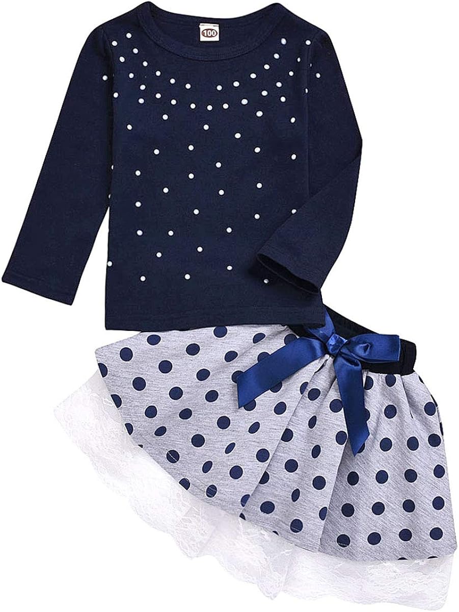 Toddler Baby Girl Skirt Set Casual Long Sleeves Blue Shirt