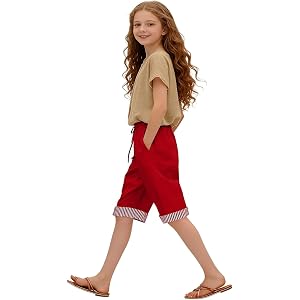 Kids Cotton Linen Shorts Boys Striped Pants Girls Summer Baggy Casual Sports Shorts with Drawstring Outdoor Comfort